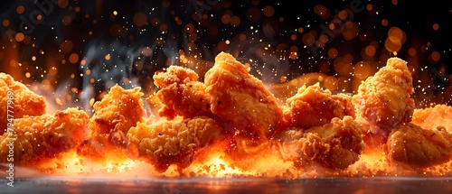 Fried chicken pieces being tossed in glowing oil fast food review. Concept Food review, Fried chicken, Fast food, Glowing oil, Tossed ingredients photo