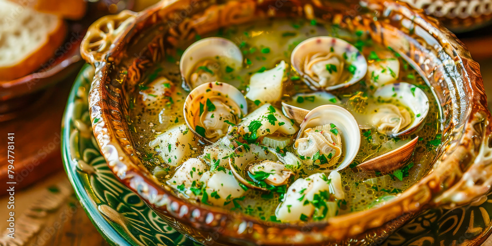 A bowl of soup with clams and parsley
