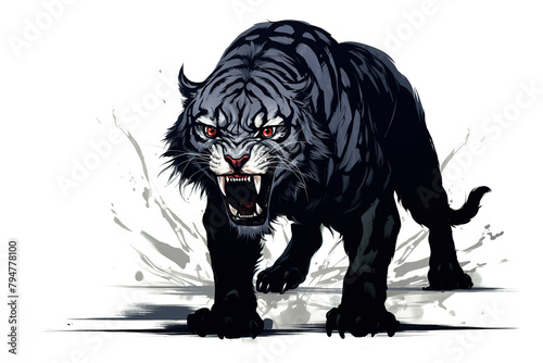 Black tiger hand drawing on white background. Wild Animals, Illustration, Generative AI.
