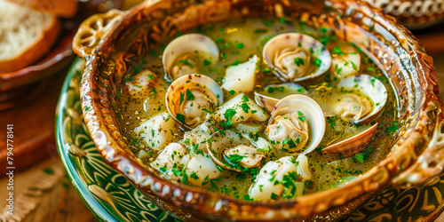 A bowl of soup with clams and parsley