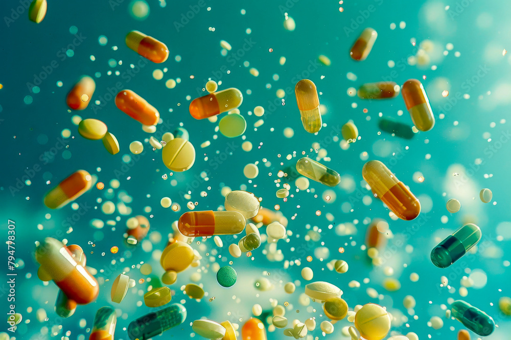 A bunch of pills are flying through the air A bunch of pills are flying through the air