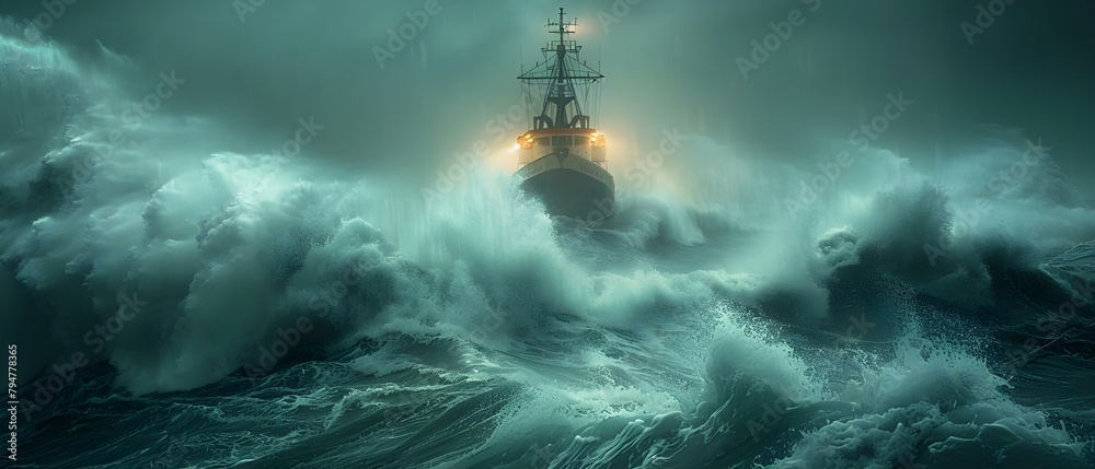 Navigating through a fierce storm: A ship battles turbulent waves at sea. Concept Ship at Sea, Stormy Weather, Turbulent Waves, Courage and Resilience, Navigating the Storm