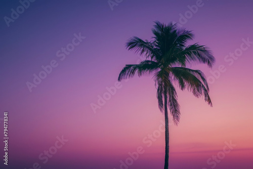 A palm tree stands tall in front of a purple sky