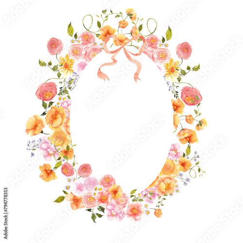 Fototapeta Naklejka Na Ścianę i Meble -  Vintage frame with watercolor hand draw flowers and leaves, peachy color, crest frame for wedding invitations. Isolated on transparent background
