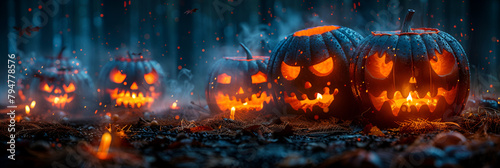 View of Glowing Jack-o-Lanterns in a dark forest, Halloween evil pumpkin at night with glowing candle eyes horror 
