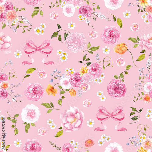 Seamless pattern with watercolor hand draw flowers and leaves. Floral in color of peach. Wedding invitation, card, posters, isolated on colored background