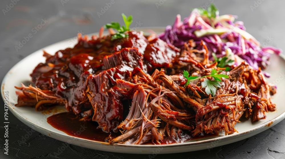 Appetizing image of pulled pork, slow-cooked and tender, drenched in barbecue sauce, elegantly served with coleslaw on the side, isolated background