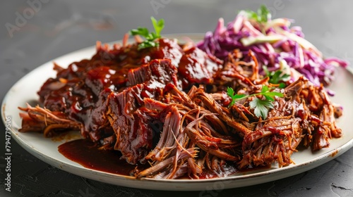 Appetizing image of pulled pork, slow-cooked and tender, drenched in barbecue sauce, elegantly served with coleslaw on the side, isolated background