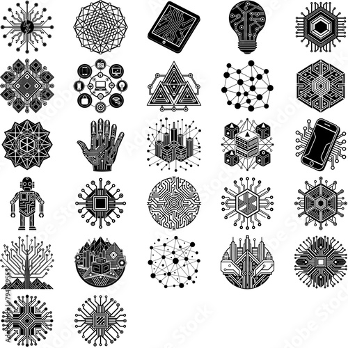 Set of technology illustrations about Ai, chip, neural network