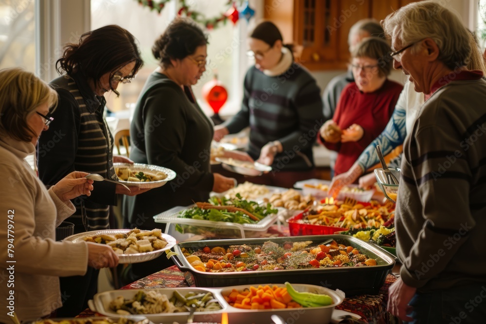 A group of individuals standing around a buffet line, selecting and serving themselves food at a community potluck dinner