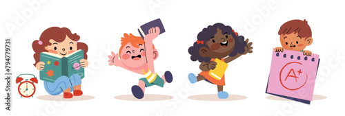 Cute kids with school supplies vector. Set for children characters design in different poses, Happy and smile people. back to school vector illustration.