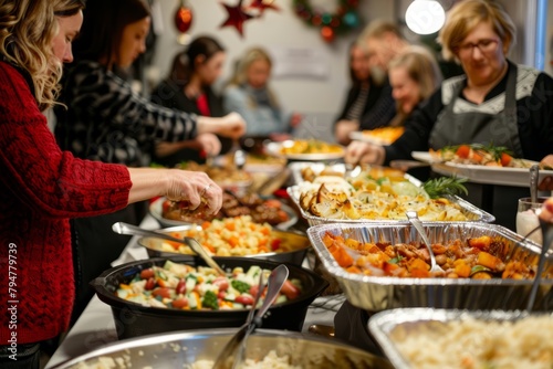 A group of people standing around a buffet line at a community potluck dinner, selecting food
