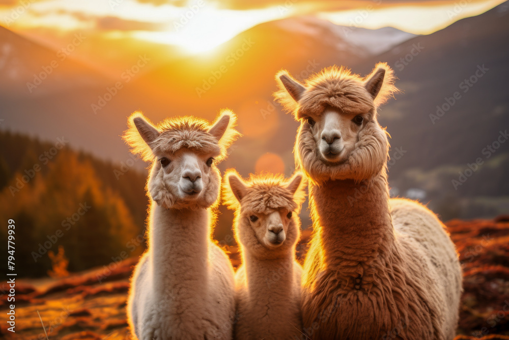Scene is peaceful and serene with alpacas