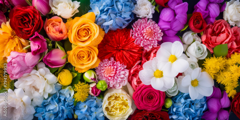 A bouquet of flowers with a variety of colors including yellow, pink, blue A bouquet of flowers with a variety of colors including yellow, pink, blue