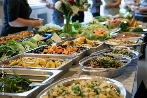 A buffet table is filled with numerous dishes, showcasing a diverse selection of food for a community potluck dinner