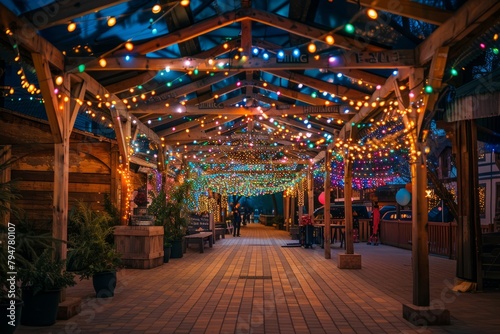 A walkway adorned with abundant lights and potted plants creating a vibrant and inviting atmosphere