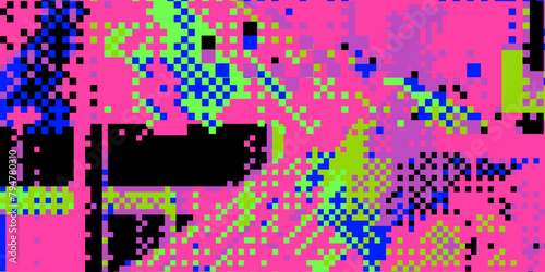 Bright neon glitchy background. Concept vector illustration of a broken program code or malware attack. 