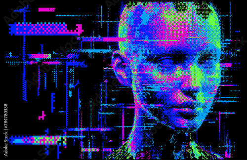 Glitched and pixelated silhouette of a 3D human head on a dark background. Conceptual vector illustration about man in the age of technology. 
