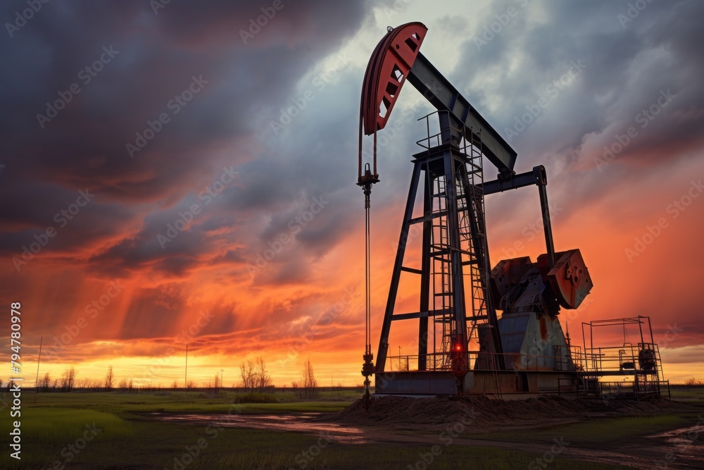 A Oil drilling machine in the desert, Industry, energy industry, gas station at sunset A Oil drilling machine in the desert, Industry, energy industry, gas station at sunset