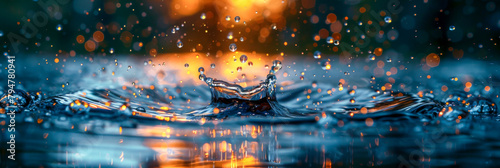 Magical Water Splash at Twilight: Sparkling Drops in Orange and Blue Hues