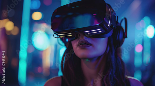 close-up beautiful female woman face model wearing vr virtual reality headset goggles and experiencing future technology immersive content
