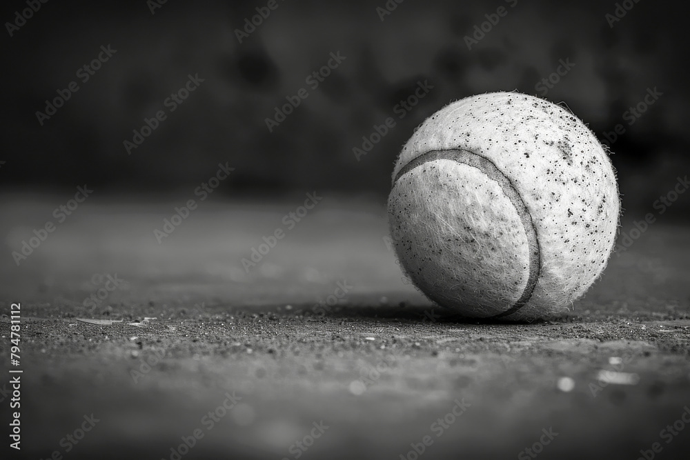 Close-Up of a Worn Tennis Ball on a Gritty Surface in Black and White