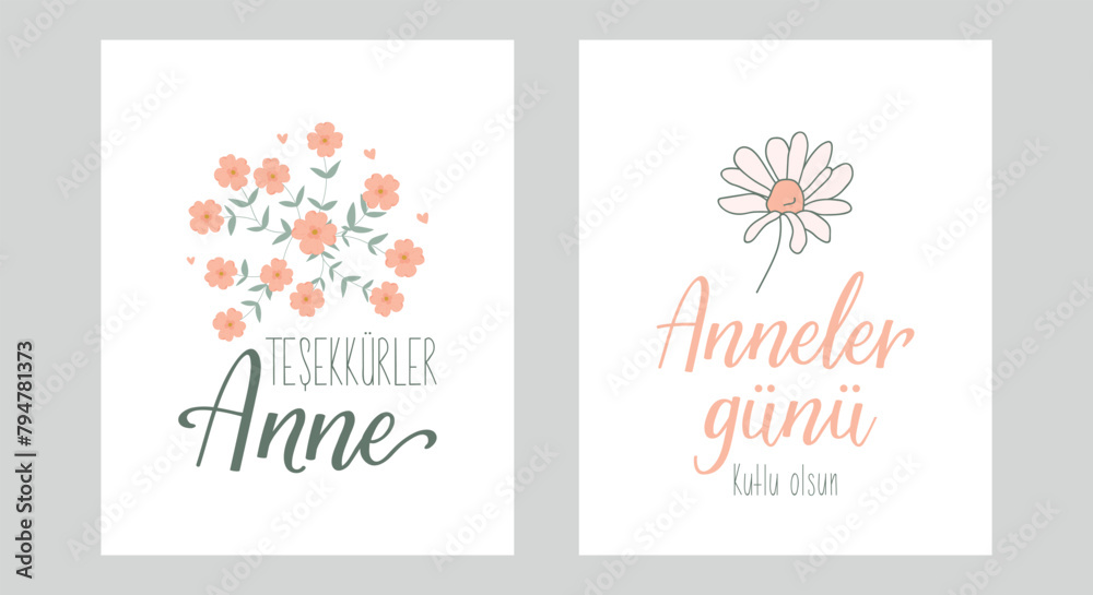 Set of Mother's Day card. Turkish text: Happy Mothers day, Thank you mom. Lettering. Ink illustration. Modern brush calligraphy. Set of Mother's Day card. Turkish text: Happy Mothers day, Thank you mom. Lettering. Ink illustration. Modern brush calligraphy.