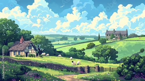 A pixelated old English countryside with cottages  sheep  and rolling hills