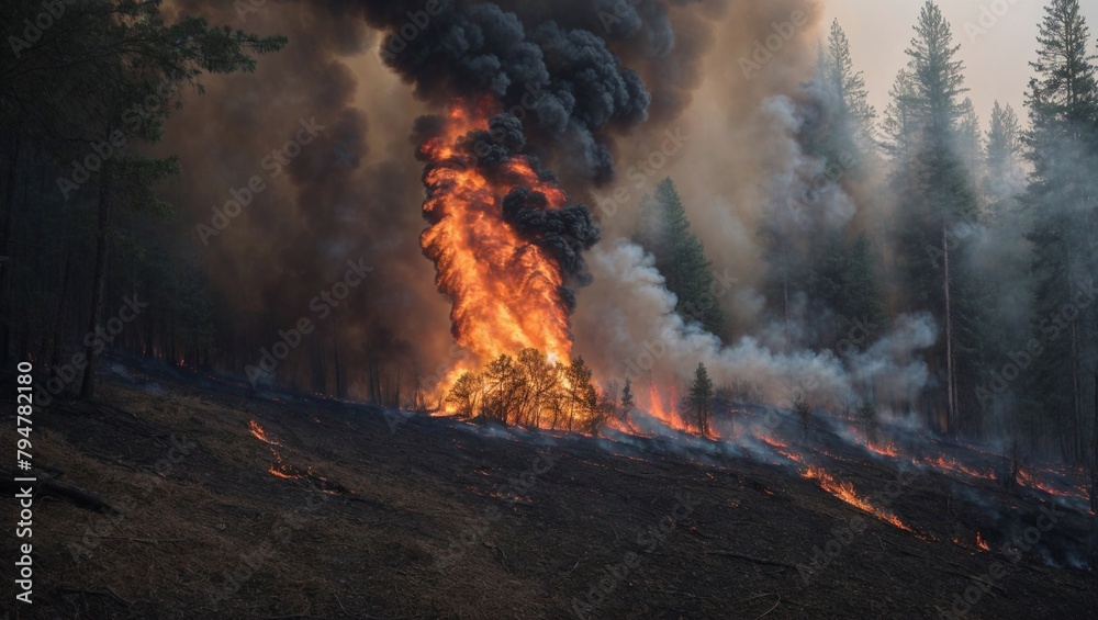 Inferno's Grip: Raging Wildfire Consumes Forest Landscape Inferno's Grip: Raging Wildfire Consumes Forest Landscape