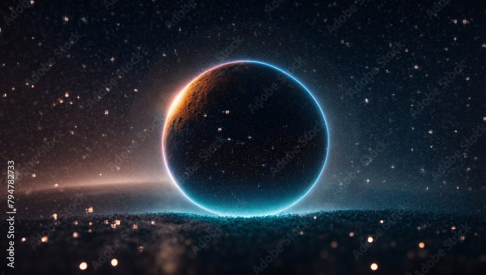 Cosmic Horizon: A celestial sphere with a vibrant, neon blue halo, bathed in the soft glow of distant stars, evokes the mystery and awe of the vast universe. Cosmic Horizon: A celestial sphere with a vibrant, neon blue halo, bathed in the soft glow of distant stars, evokes the mystery and awe of the vast universe.