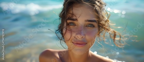 Young woman with tousled hair standing in ocean water under gentle breeze. Concept Beach Photoshoot, Windy Day, Natural Beauty, Ocean Vibes, Tousled Hair © Anastasiia