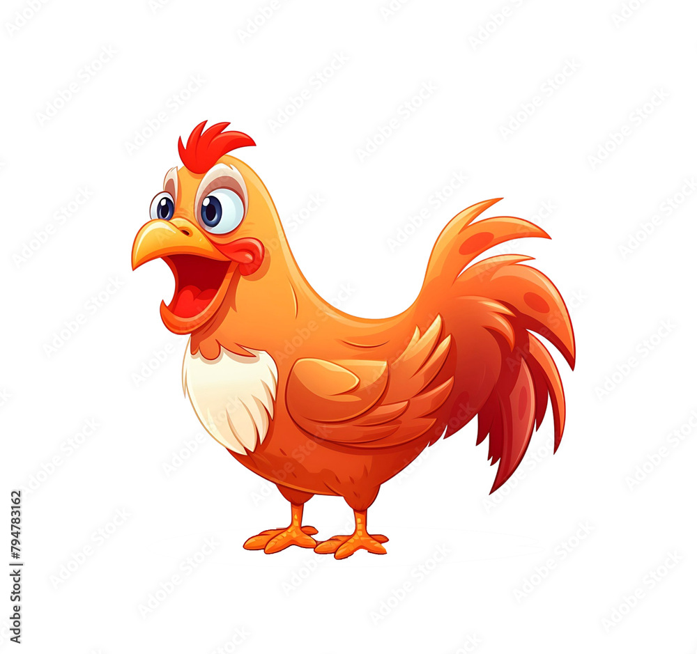  Vibrant cartoon chicken with a tuft of feathers, cheerfully standing and smiling. isolated on a transparent background. Generative AI