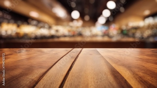 Empty wooden table with blurred background It's a bar counter. inside restaurant Blurred background. Wood with blurry bar background. Great for creating banners and customizing images. photo