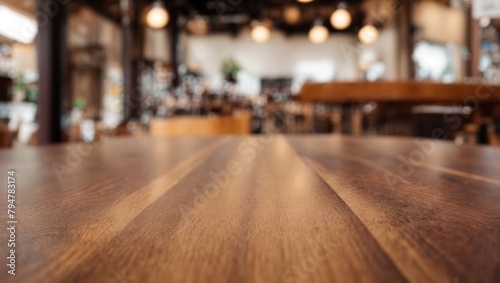 Empty wooden table with blurred background It s a bar counter. inside restaurant Blurred background. Wood with blurry bar background. Great for creating banners and customizing images.