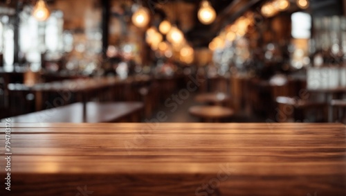 Empty wooden table with blurred background It's a bar counter. inside restaurant Blurred background. Wood with blurry bar background. Great for creating banners and customizing images.
