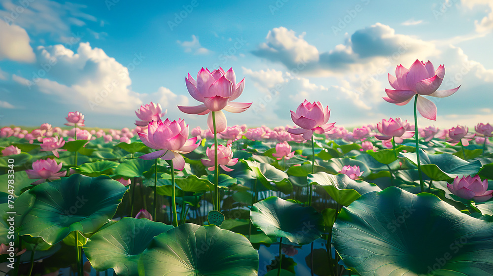 Serene lotus flowers blooming in water. symbolizing purity and tranquility in a vibrant botanical setting Serene lotus flowers blooming in water. symbolizing purity and tranquility in a vibrant botanical setting