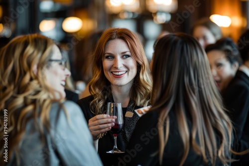 A group of women, professionals mingling at a business mixer, stand next to each other holding wine glasses