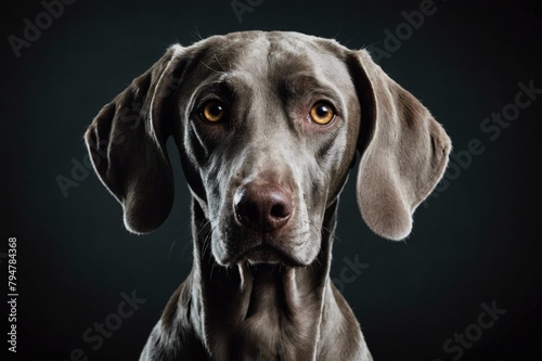Portrait of a Weimaraner dog on dark background, studio shot