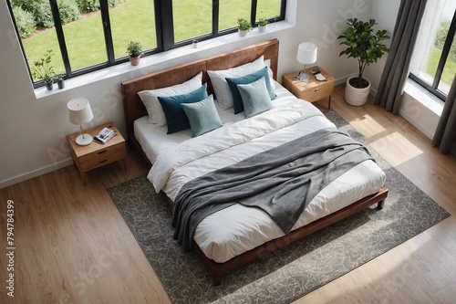 From above comfortable bed next to a bright window with carpet and bright floor photo