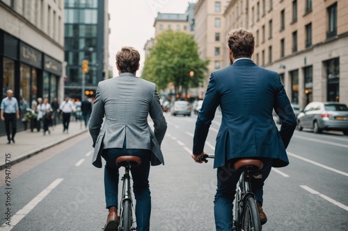 Rear view of businessman riding bicycle on city street © ThomasLENNE