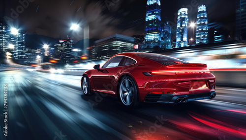 A red sports car is speeding down a city street at night by AI generated image