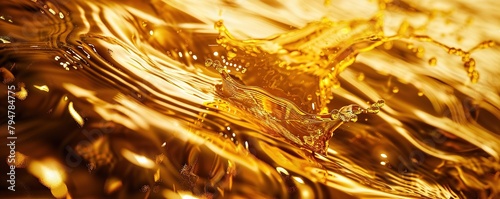 Golden liquid splashing dynamically with shimmering particles.