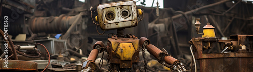 rusty robot in a scrapyard