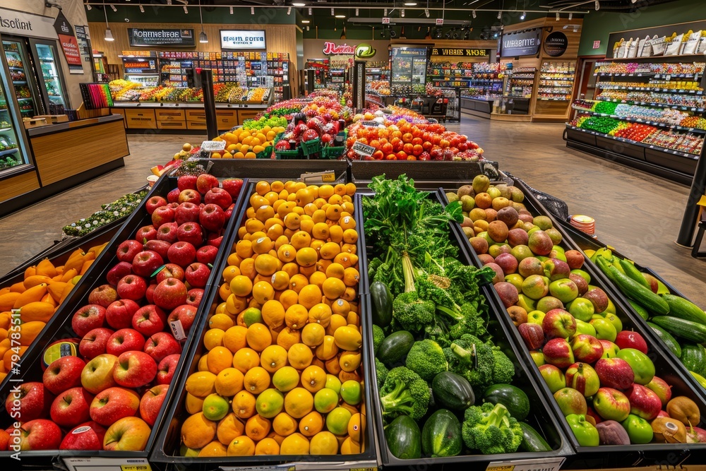 A bustling grocery store filled with various fresh fruits and vegetables in a vibrant display at the produce section