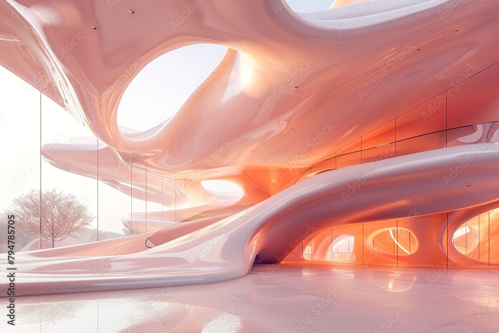 Fototapeta premium Futuristic orange interior design of an abstract building with flowing shapes and natural light.