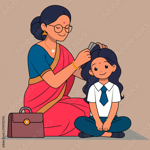 Indian mother combing and taking care of  her child