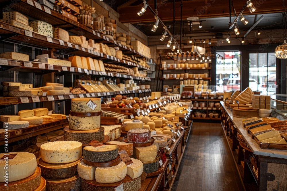 A store brimming with a wide variety of cheeses on shelves, showcasing the extensive selection available to customers