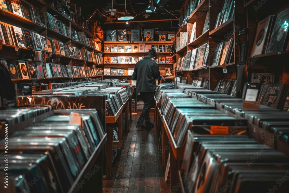 A man stands in a room filled with numerous records, browsing through the vinyl collection
