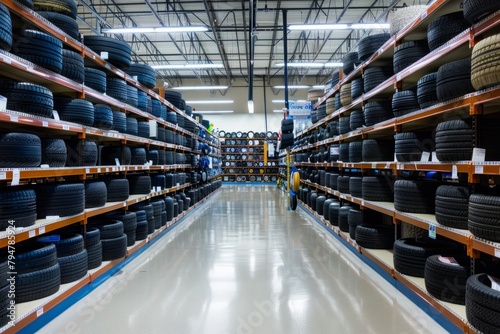 A wide-angle view of an expansive warehouse showcasing neatly organized shelves packed with various types and sizes of tires photo