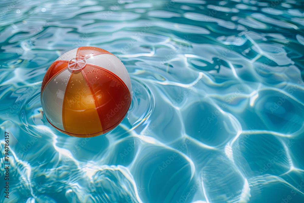 Inflatable beach ball floating in a swimming pool, evoking carefree summer leisure, unwinding, and enjoyment under the warm sun